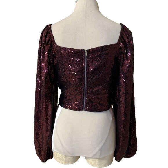 Lulus Purple Wine Sequined Long Puff Sleeve Cropped Top M Medium NEW - Picture 3 of 16